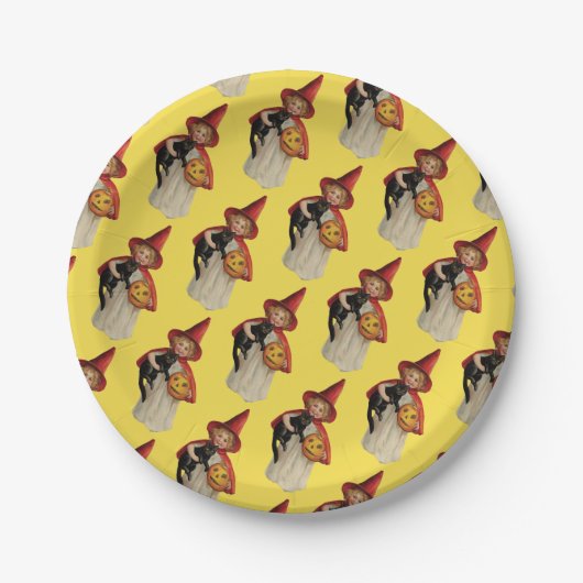 ouderwetse Halloween, witch girl met zwarte kat Papieren Bordje (Voorkant)