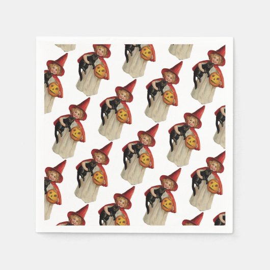 ouderwetse Halloween, witch girl met zwarte kat Servetten (Voorkant)