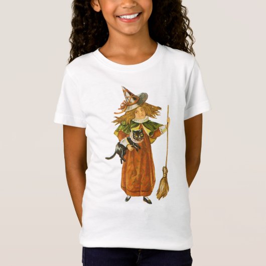 ouderwetse Halloween, witch girl met zwarte kat T-shirt (Voorkant)