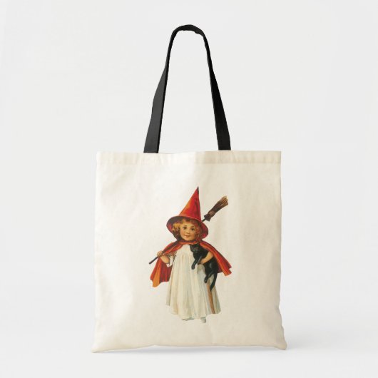 ouderwetse Halloween, witch girl met zwarte kat Tote Bag (Voorkant)