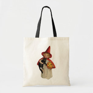 ouderwetse Halloween, witch girl met zwarte kat Tote Bag