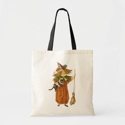 ouderwetse Halloween, witch girl met zwarte kat Tote Bag (Voorkant)