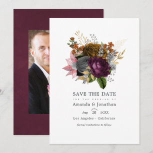 Ouderwetse herfst bloemige trouwfoto save the date