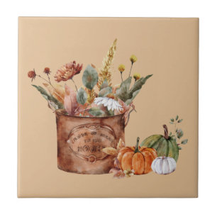Ouderwetse herfst bloemstuk & pompoenen tegeltje