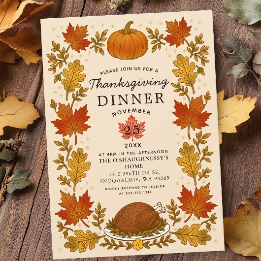 Ouderwetse Herfstbladeren Thanksgiving-diner Kaart