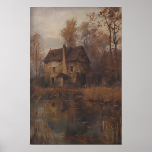 Ouderwetse herfsthuisje bos cottagecore rustiek poster
