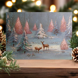 Ouderwetse herten in besneeuwd bos met roze kerstb feestdagenkaart