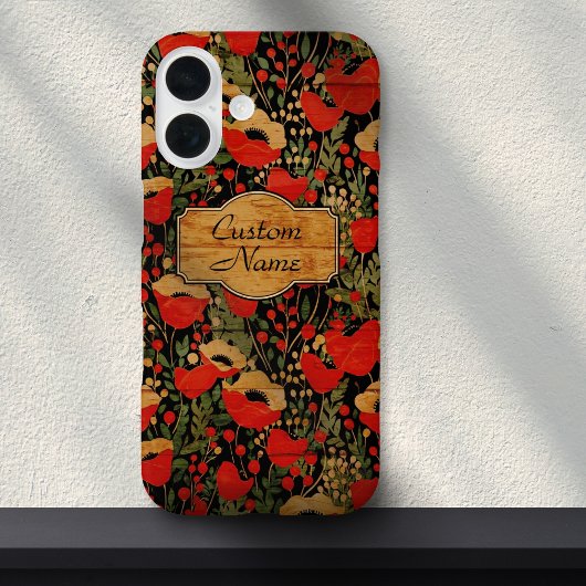 Ouderwetse Houtnerf Klaproos Bloemmotief Case-Mate iPhone Case