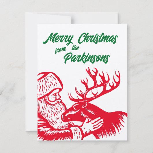 Ouderwetse houtsnede Kerstman en rendieren Feestdagenkaart (Voorkant)