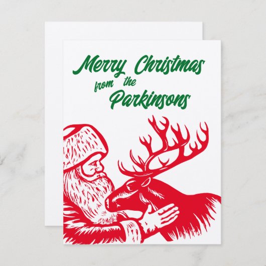 Ouderwetse houtsnede Kerstman en rendieren Feestdagenkaart (Voorkant / Achterkant)