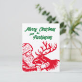 Ouderwetse houtsnede Kerstman en rendieren Feestdagenkaart (Staand voorkant)