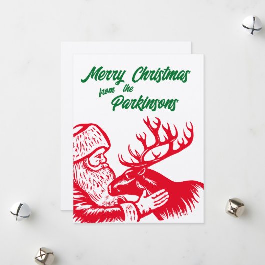 Ouderwetse houtsnede Kerstman en rendieren Feestdagenkaart (Voorkant / Achterkant in situ)