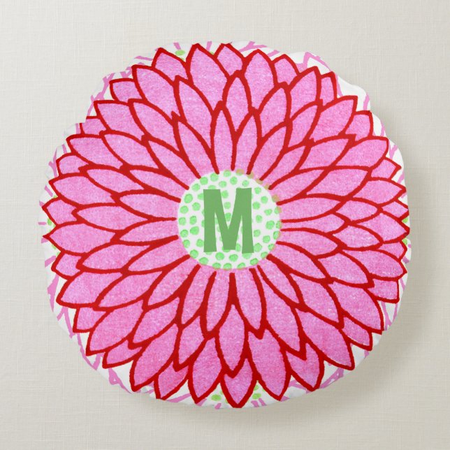 Ouderwetse houtsnede roze & rode bloesem rond kussen (Voorkant)