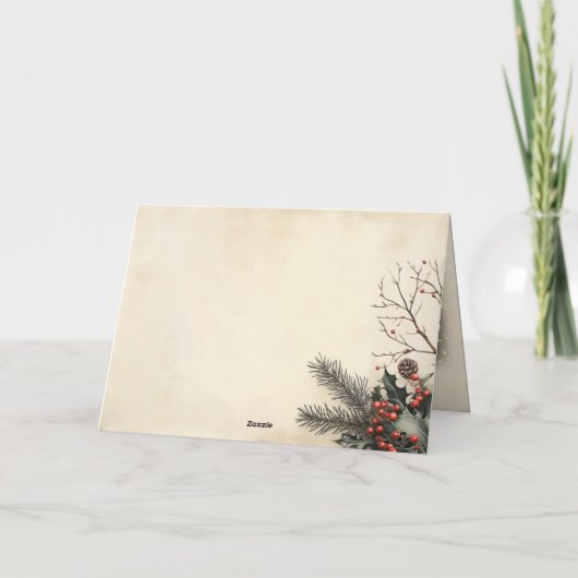 Ouderwetse hulstbessen beige foto kerst gevouwen feestdagen kaart (Achterkant)