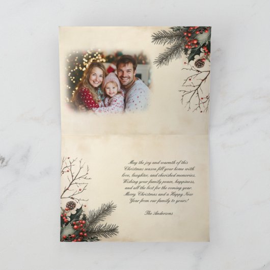 Ouderwetse hulstbessen beige foto kerst gevouwen feestdagen kaart (Binnen)