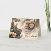 Ouderwetse hulstbessen beige foto kerst gevouwen feestdagen kaart (Voorkant)