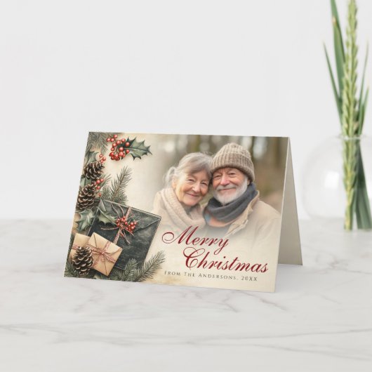 Ouderwetse hulstbessen beige foto kerst gevouwen feestdagen kaart (Voorkant)