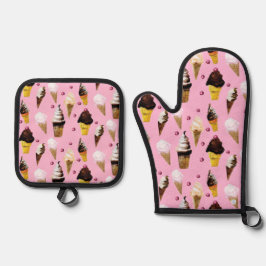 Ouderwetse IJssalon Aquarel Retro Roze Ovenwant & Pannenlap Set