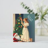 Ouderwetse Kerst Meisje Versiert Boom Feestdagenkaart (Staand voorkant)