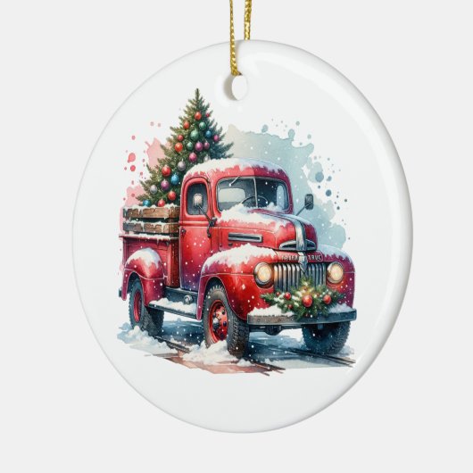 Ouderwetse kerst  rode vrachtwagen keramisch ornament (Links)