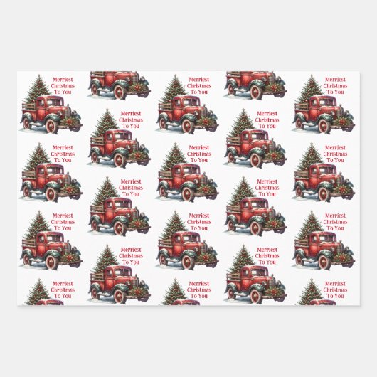Ouderwetse kerst  rode vrachtwagens inpakpapier vel (Voorkant)