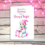 Ouderwetse Kerst Roze Elf Cheery en Bright Feestdagen Kaart<br><div class="desc">Een  kerstkaart met een schattige vrouwen elf in roze met een  vibe. Retro gevoel ouderwets Kerstmis.</div>