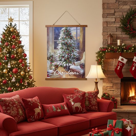 Ouderwetse kerstboom hangend wandkleed