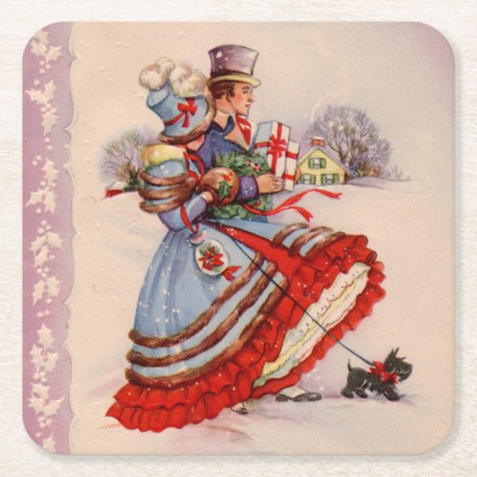 Ouderwetse kerstinkopen kartonnen onderzetters (Voorkant)