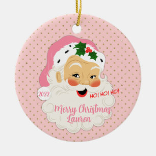 Ouderwetse Kerstman - Roze Gouden Stippen Keramisch Ornament