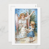 Ouderwetse Kerstmis, Engel met Meisje Feestdagenkaart (Voorkant / Achterkant)