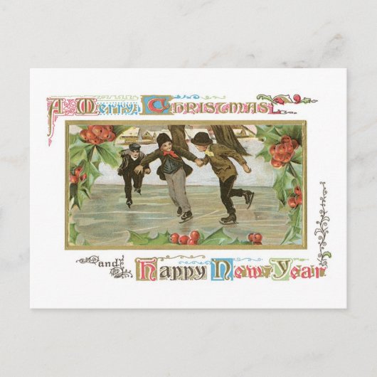 Ouderwetse Kerstmis, het Schaatsen piste Feestdagenkaart (Voorkant)