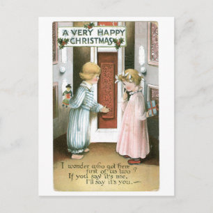 Ouderwetse Kerstmis, Jongen & Meisje Feestdagenkaart
