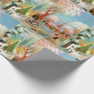 Ouderwetse Kerstmis Kerk Sneeuwscones Shabby Chic Cadeaupapier
