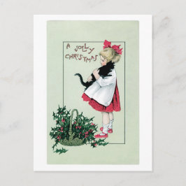 Ouderwetse Kerstmis, Meisje die Zwarte kat houden Feestdagenkaart
