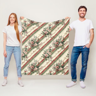 Ouderwetse Kerstmis Rode Bloemige Bes Streep Fleece Deken