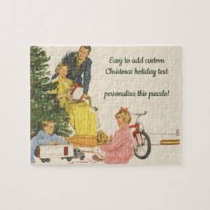 Ouderwetse kerstochtend, familie die cadeaus openm legpuzzel