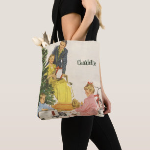 Ouderwetse kerstochtend, familie die cadeaus openm tote bag