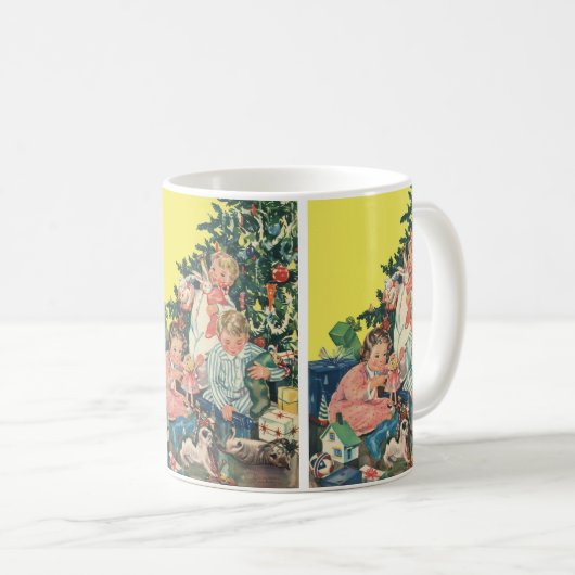 Ouderwetse kerstochtend, kinderen die cadeaus open koffiemok (Voorkant rechts)