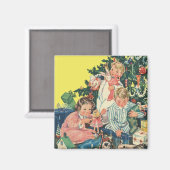 Ouderwetse kerstochtend, kinderen die cadeaus open magneet (Voorkant / Achterkant)