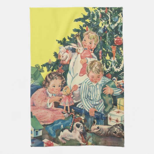 Ouderwetse kerstochtend, kinderen die cadeaus open theedoek (Verticaal)