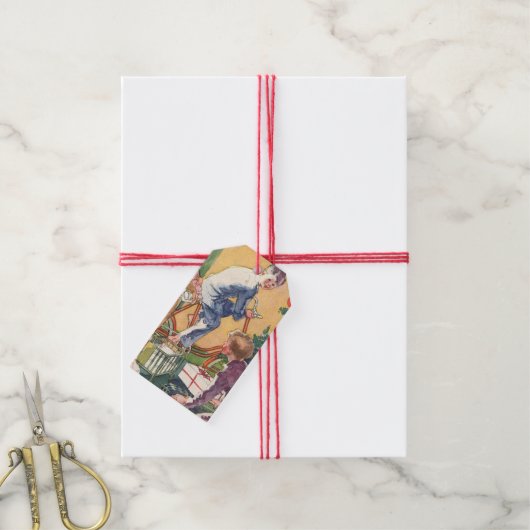 Ouderwetse kerstochtend, kinderen met cadeaus cadeaulabel (Met Touw)
