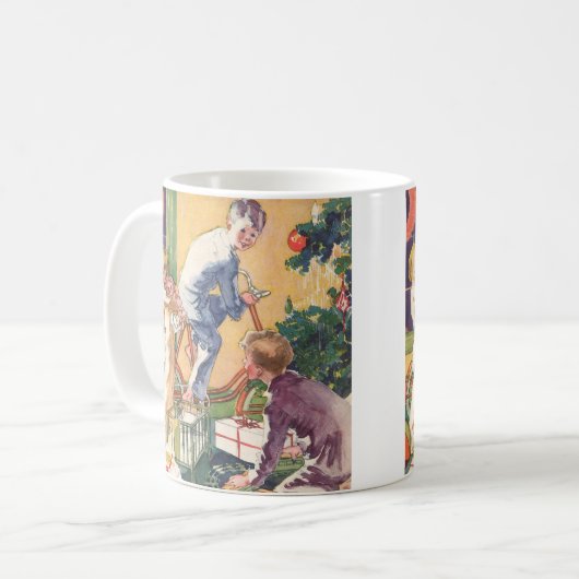 Ouderwetse kerstochtend, kinderen met cadeaus koffiemok (Voorkant links)