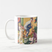 Ouderwetse kerstochtend, kinderen met cadeaus koffiemok (Links)