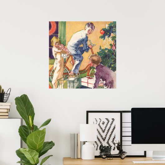 Ouderwetse kerstochtend, kinderen met cadeaus poster (Thuiskantoor)