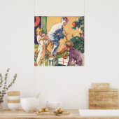 Ouderwetse kerstochtend, kinderen met cadeaus poster (Keuken)