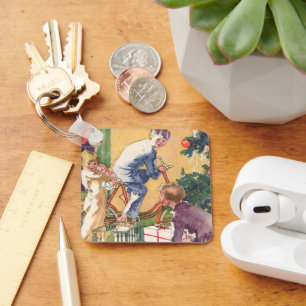 Ouderwetse kerstochtend, kinderen met cadeaus sleutelhanger