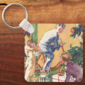 Ouderwetse kerstochtend, kinderen met cadeaus sleutelhanger (Voorkant)