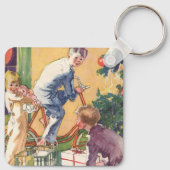 Ouderwetse kerstochtend, kinderen met cadeaus sleutelhanger (Achterkant)
