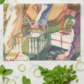 Ouderwetse kerstochtend, kinderen met cadeaus theedoek (Gevouwen)