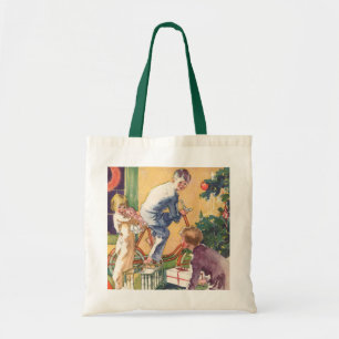 Ouderwetse kerstochtend, kinderen met cadeaus tote bag